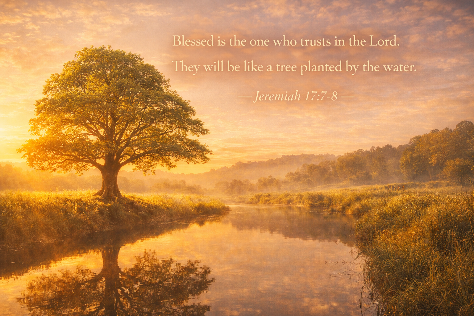 Magnificent ancient tree beside gently flowing river golden morning light full green canopy reflected calm water roots riverbank -- Jeremiah 17:7 wallpaper